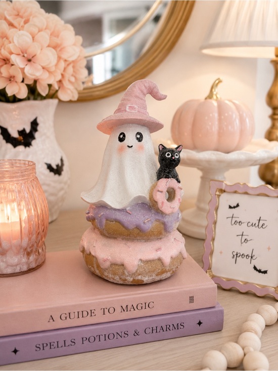 Halloween Other - Pastel Halloween Ghost Witch Donut Figurine with Black Cat Pink & Purple Decor